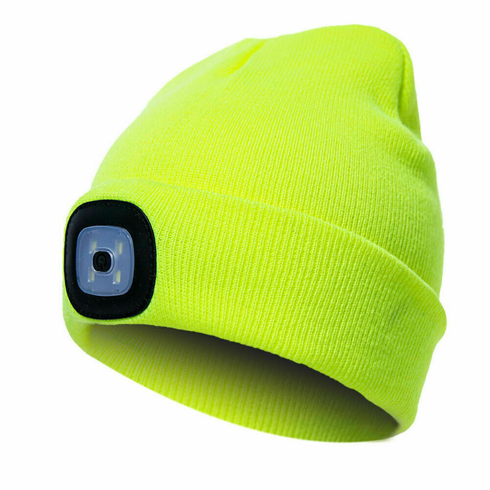 Hi Vis Neon Knitted Beanie Hat With LED Light Head Torch